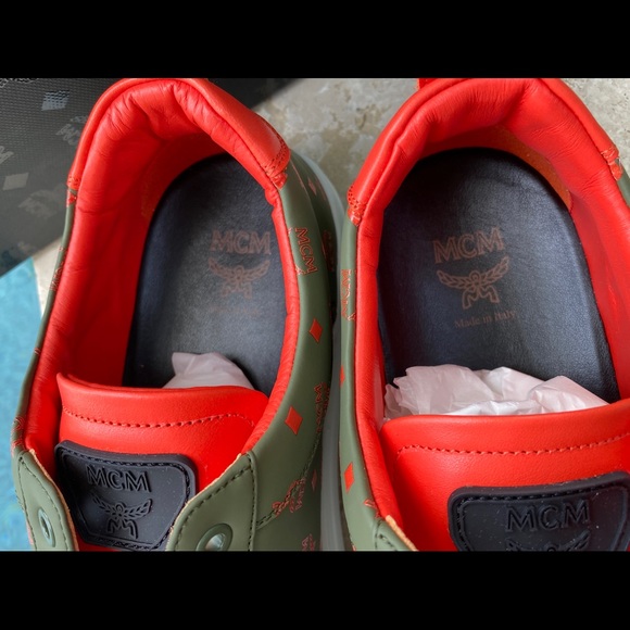 MCM Moss Green Visetos Leather Men's Sneakers - Picture 5 of 9